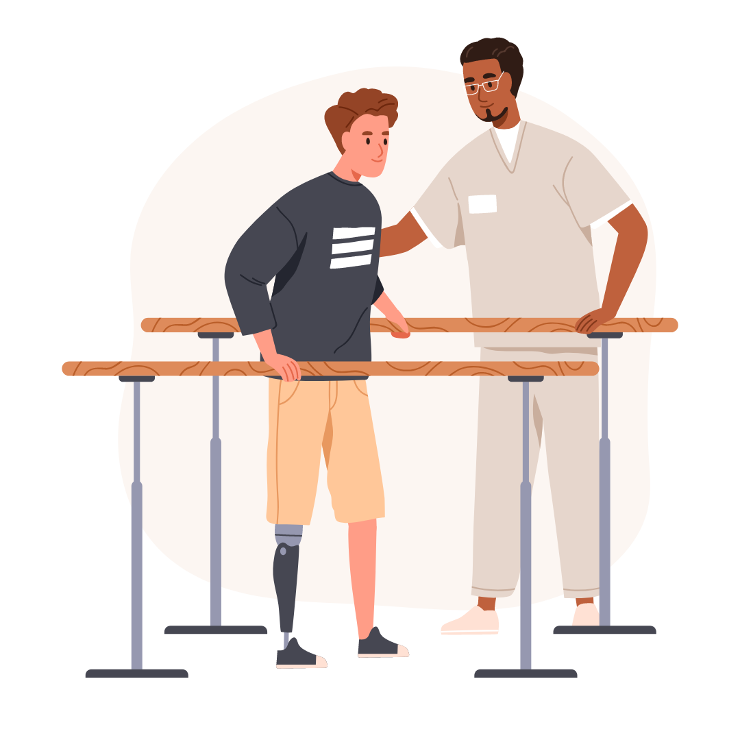 Patient mit Beinprothese beim Gehtraining an Parallelbarren unter Anleitung eines Physiotherapeuten zur Förderung von Balance, Mobilität und Gangstabilität